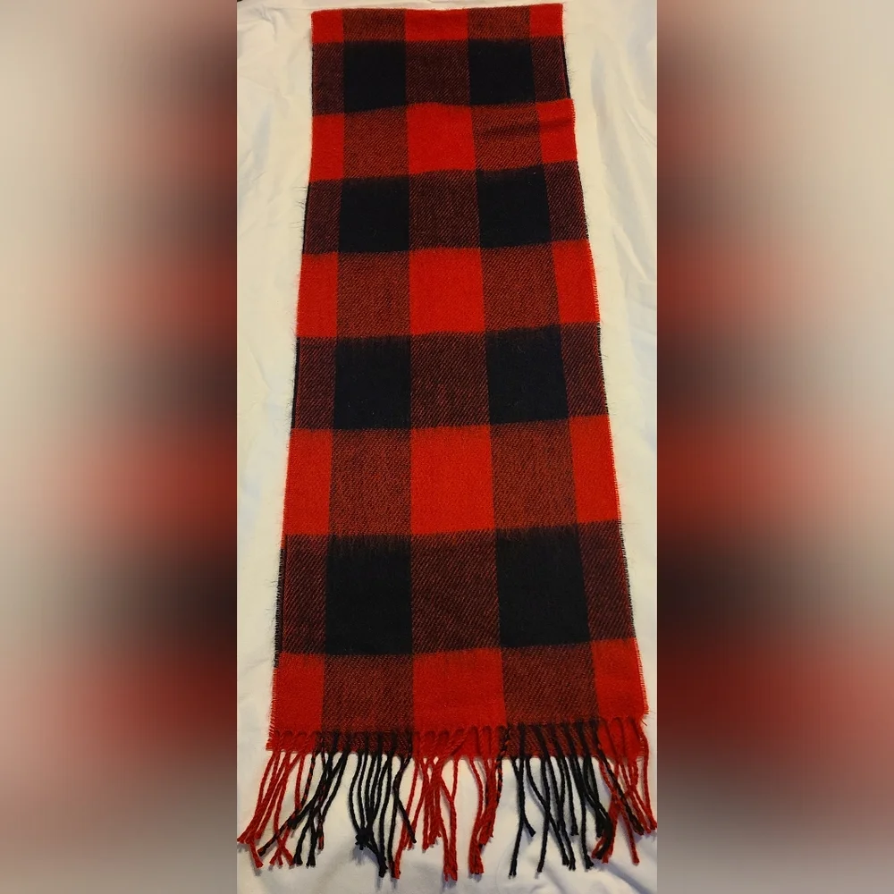 Vintage Acrylic Made In Japan Scarf Red Black Buffalo Plaid